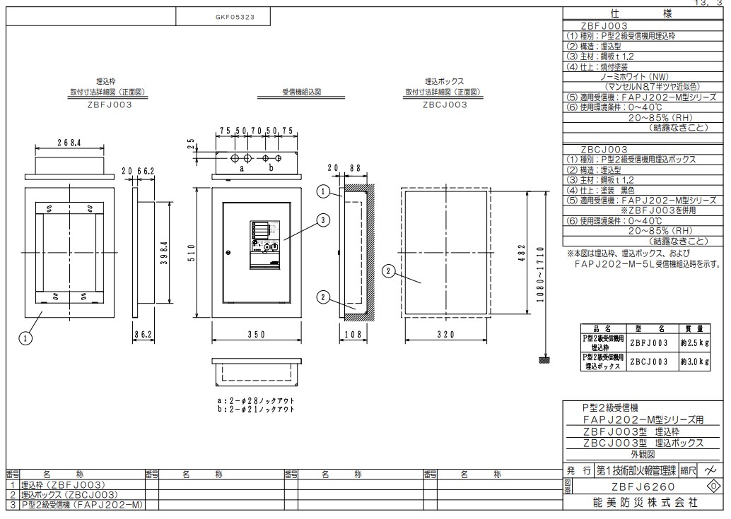 ZBFJ003 能美防災 P型2級受信機用埋込枠