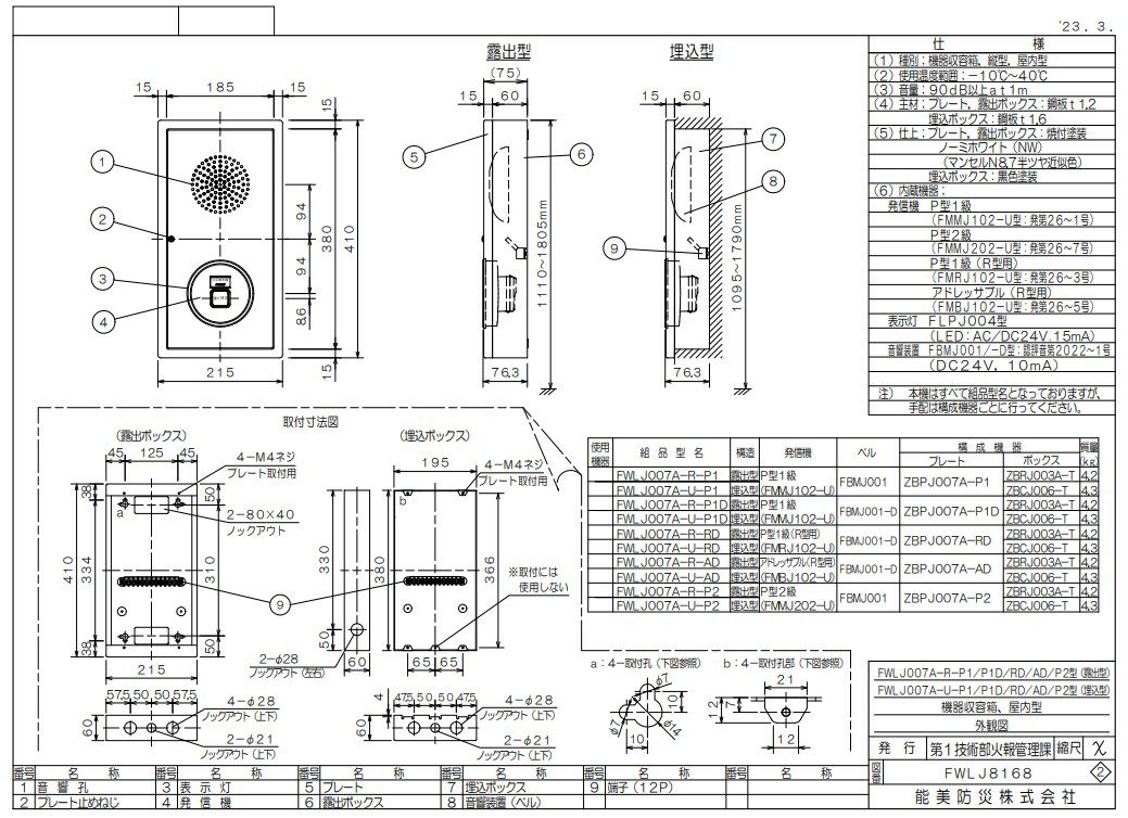 ZBPJ007A-P1 能美防災 P型1級総合盤プレート 機器収納箱 発信機内蔵